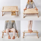 four photos of the uses of MyDinky step, with cupholder, plain, seat, step and table